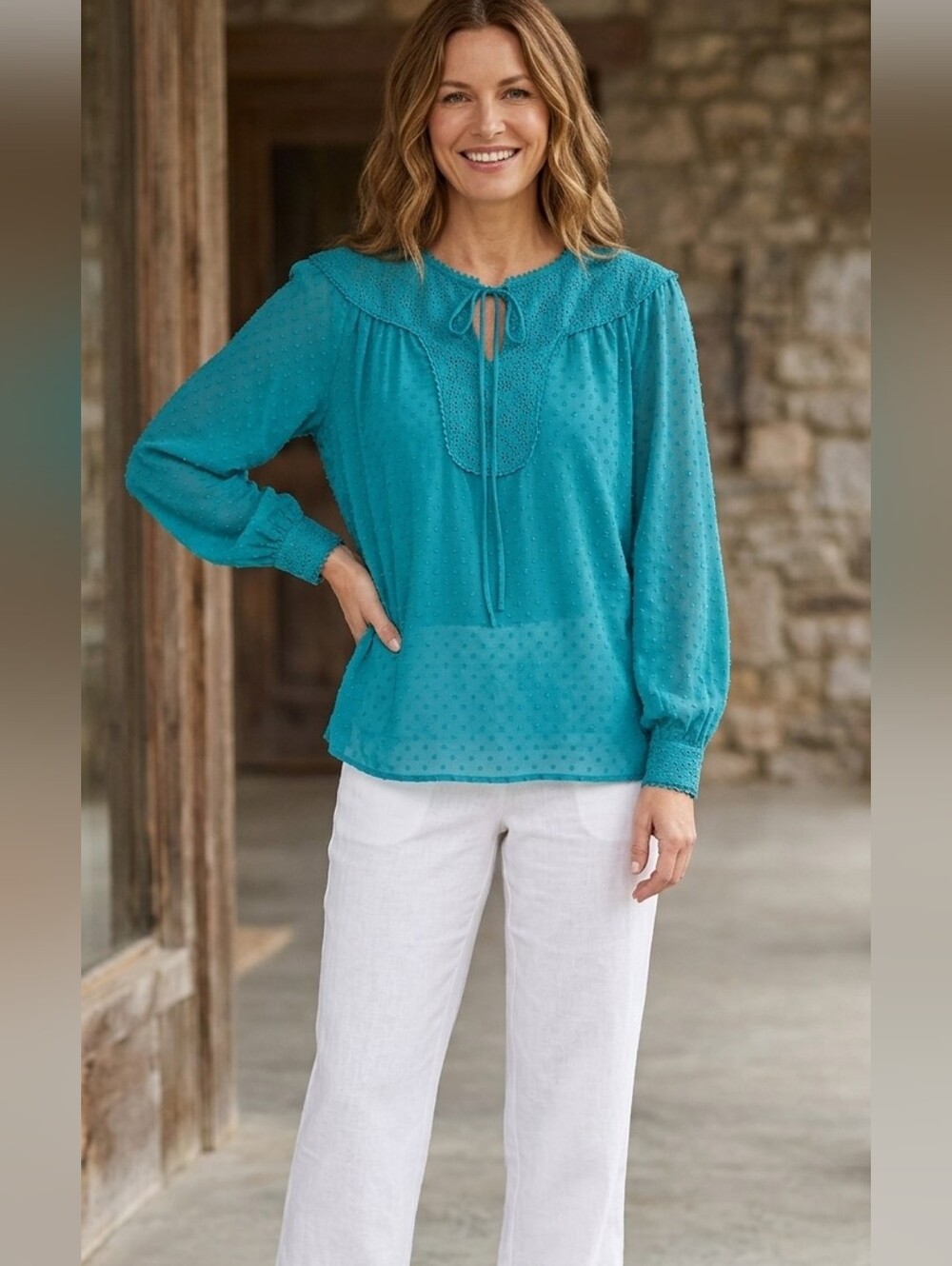 Matilda Jane Teal Lace-Yoke Blouse with Tassel Tie